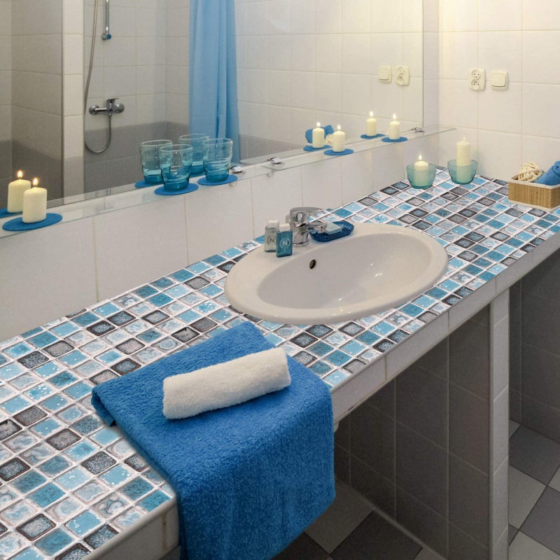 Abyssaly Mosaic Paper Self-Adhesive Thick Removable Peel and Stick Matte Wallpaper for Bathroom Kitchen Counter Blue Shelf Paper 15.7 inch x 78.7 inch - Image 3